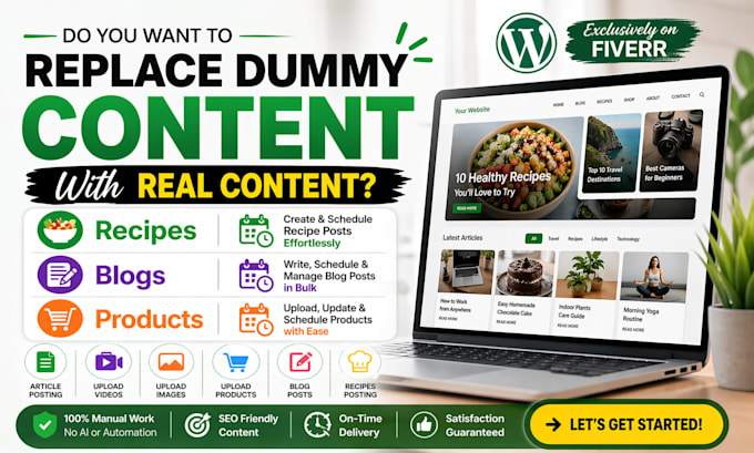 content upload, products, recipies and blogpost on wordpress