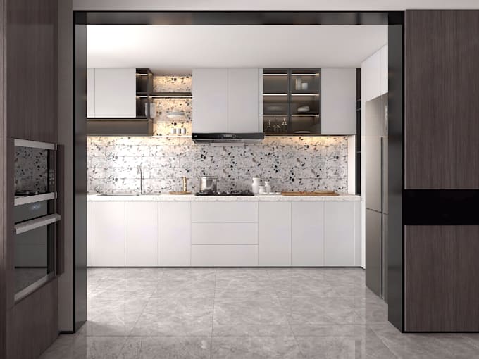 Crea il design degli interni della cucina con rendering 3d realistico