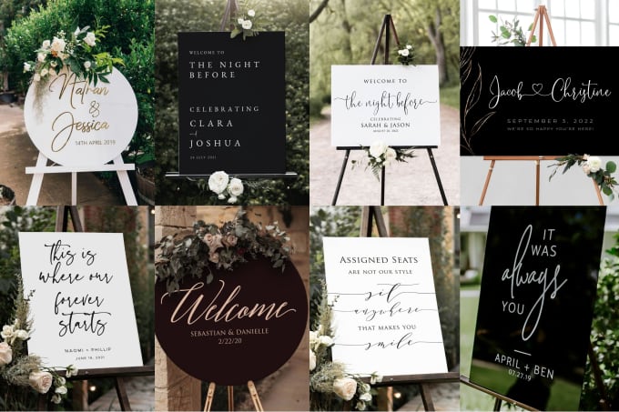 Progetta un cartello di benvenuto per il tuo matrimonio, una tabella dei  posti a sedere, un menu