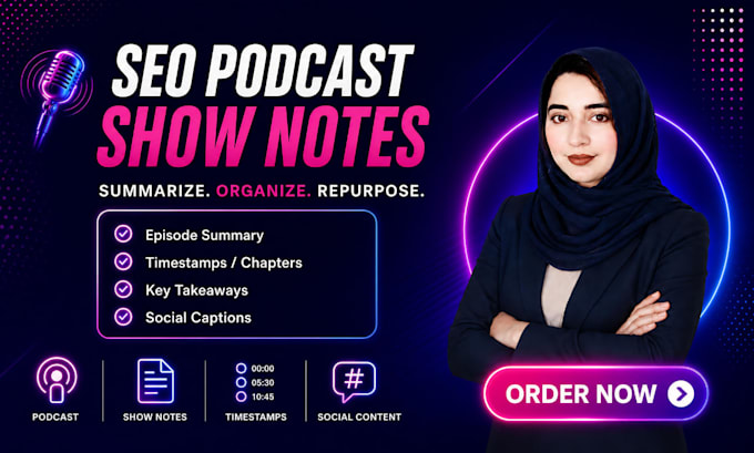 write SEO podcast show notes, summaries, timestamps and social captions