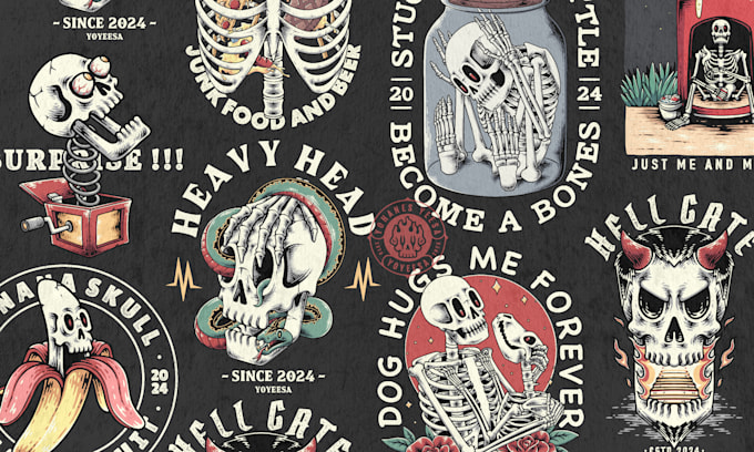 create vintage or oldschool skull and skeleton illustrations