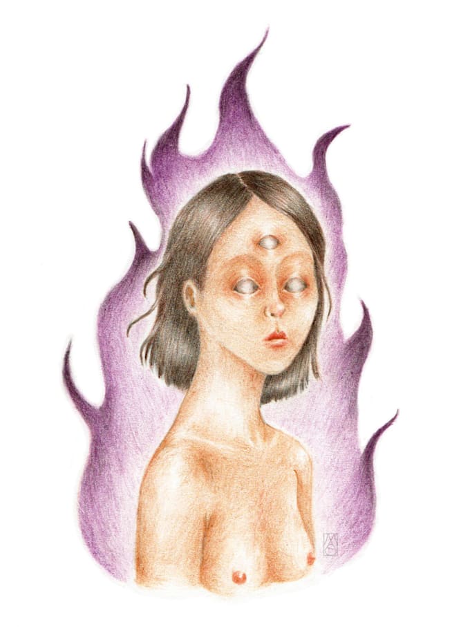 hand draw a surreal character with pencil