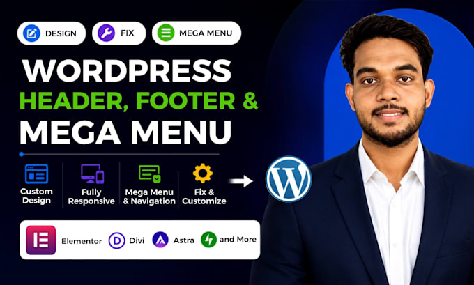 design or fix header, footer, megamenu for wordpress website