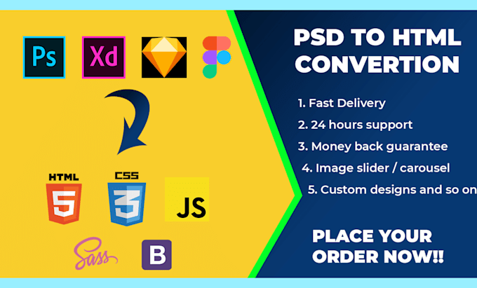 convert xd to html, figma to html, psd to html responsive bootstrap