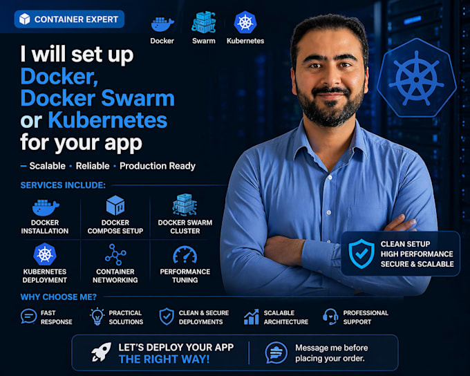 set up docker, docker swarm or kubernetes for your app