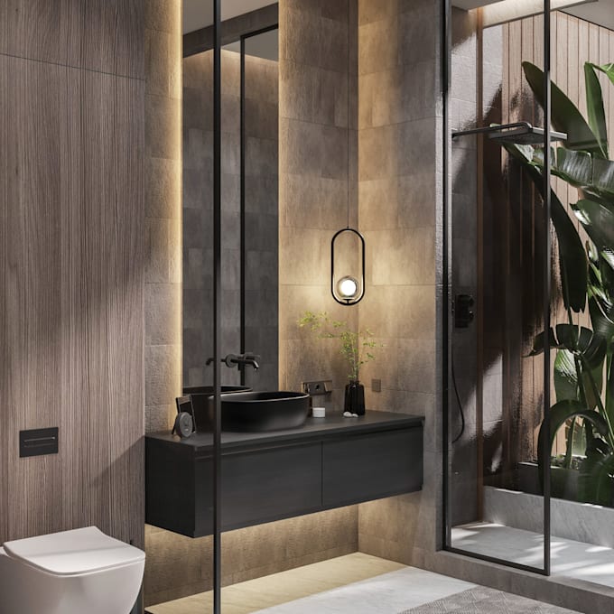 create master bedroom, bathroom and kitchen interior design 3d renders
