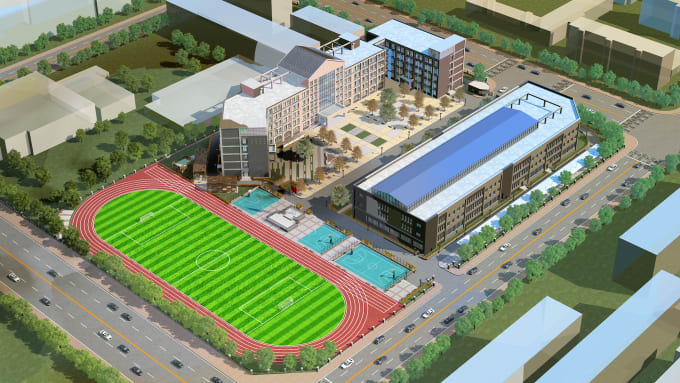 design 3d render sports, gym, courts, fitness centre, exterior