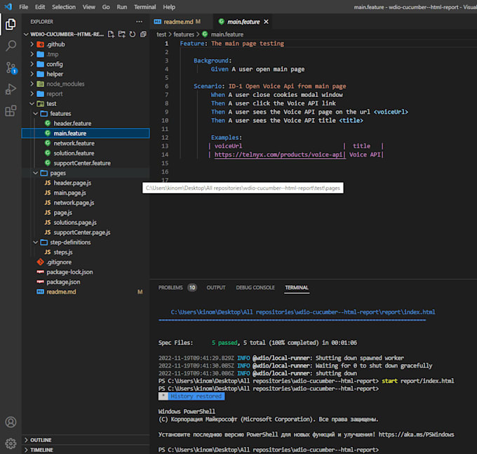 automate test scenarios using webdriverio cucumber javascript