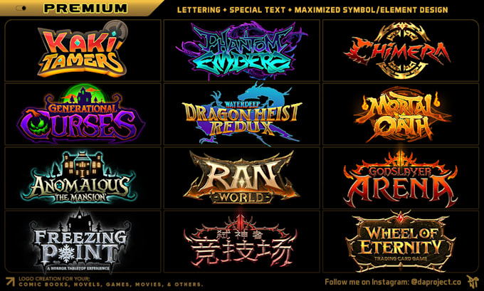 create a title logo creation for comic books, games, movies, and novels