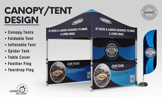 design an amazing canopy tent, table cover, feather flag