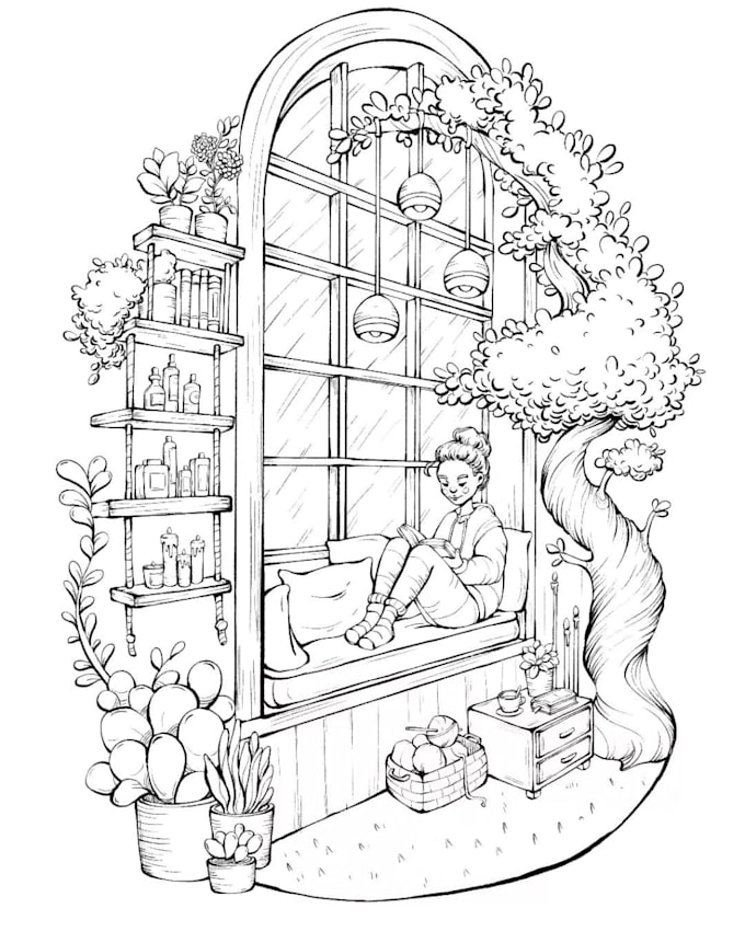 Illustrate line art black and white children book, black and white