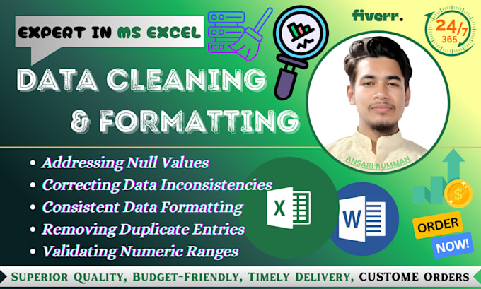 do excel data cleaning, formatting, clean up, organizing to your needs