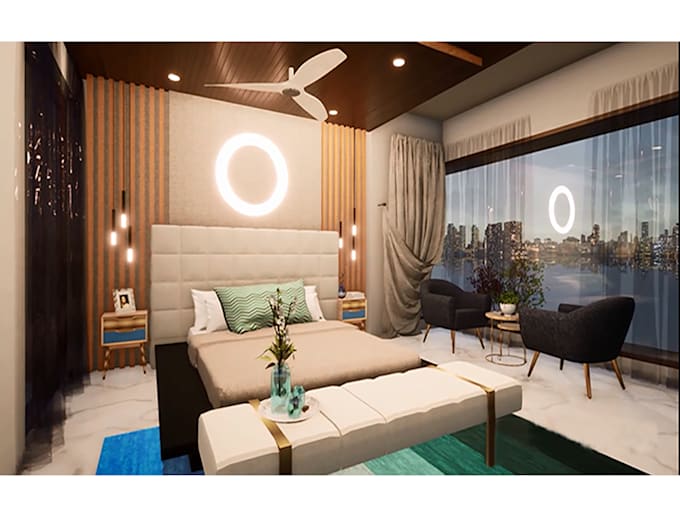 do interior design in 3d of bakery, office, café, house