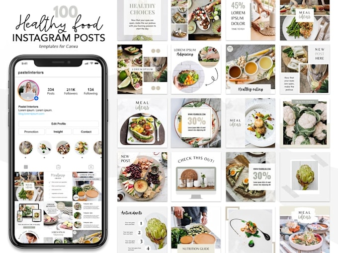 provide 100 food instagram posts template on canva