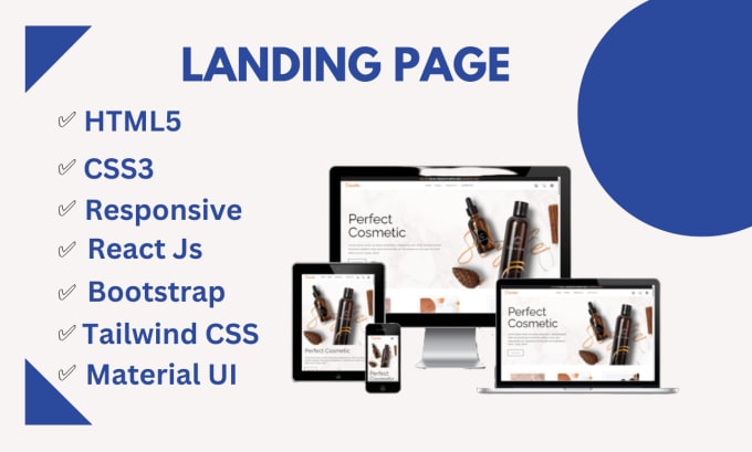 Build landing page with html, css, react js, tailwind, bootstrap ...