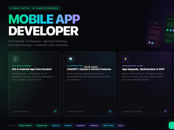develop a professional react native mobile app for ios and android