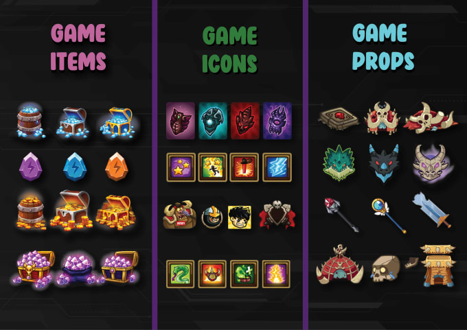 create stunning 2d game assets, props, icons