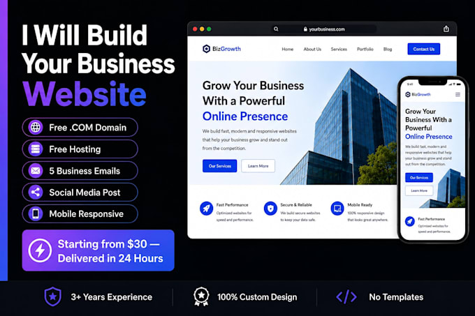 build a custom business website with free domain and hosting