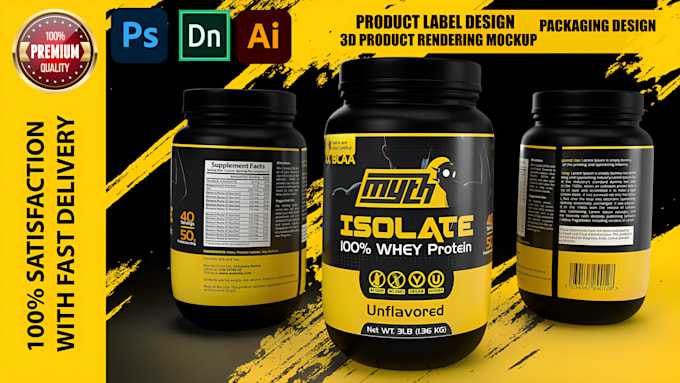 design protein label and realistic 3d supplement bottle mockup