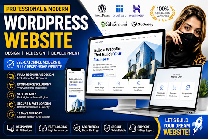 design responsive wordpress website, bluehost, hostinger, siteground ,godaddy