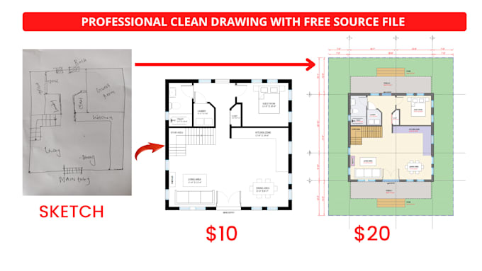draw autocad floor plan from pdf or hand sketch
