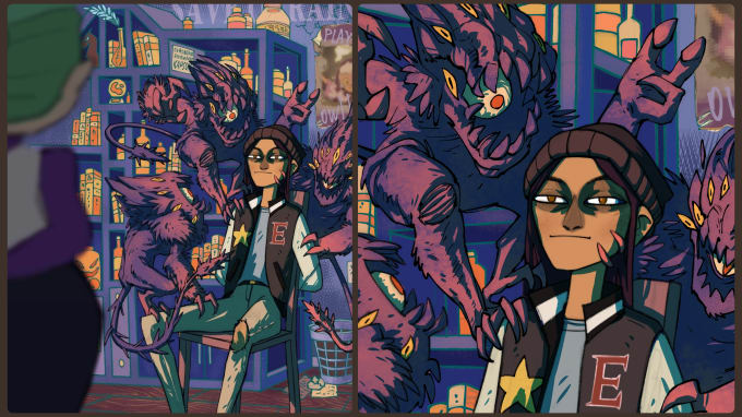 draw a character illustration, background, objects