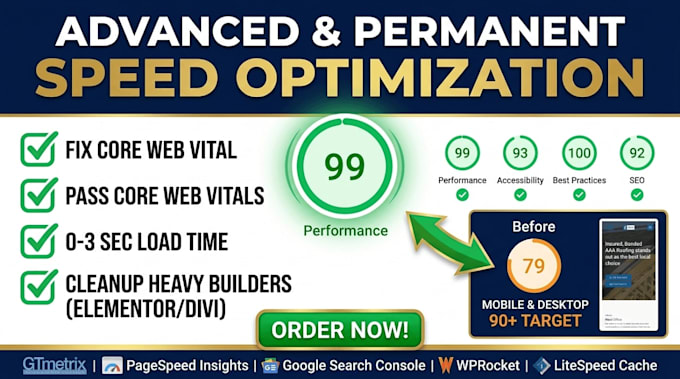 fix wordpress site speed, pass core web vitals and pagespeed 90 plus