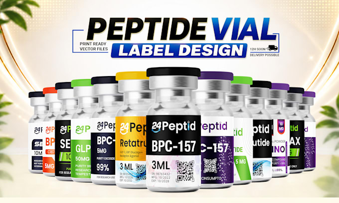 create peptide vial label designs, product label designs and 3d mockups