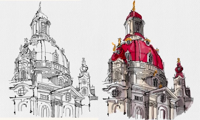 sketch architectural drawing with watercolor and ink