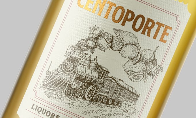 design label with scratchboard illustration