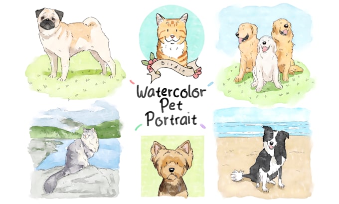 draw a cute watercolor art style of your pet portrait