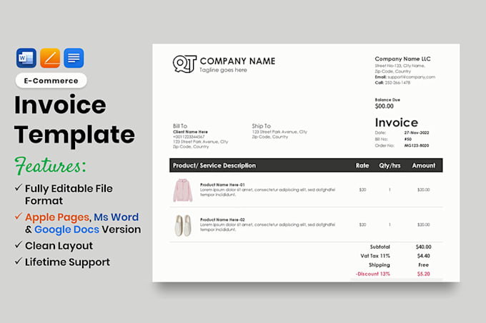 design clean editable invoice in ms word apple pages google docs