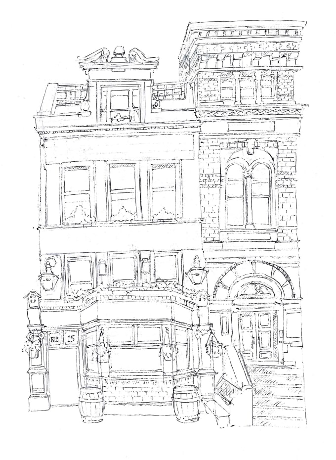 Draw detailed ink sketch of buildings, houses, and landscape by Milk_ki ...