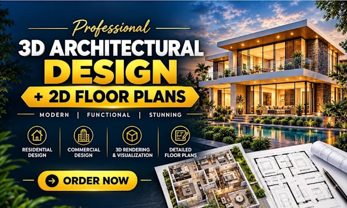 do 3d architectural design, living room interior, 3d rendering, and floor plan