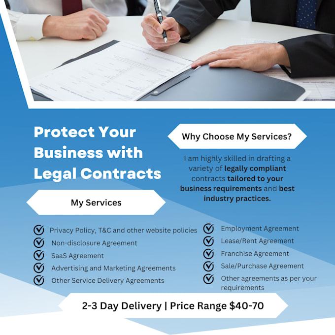 Draft legal contracts as per your business needs and best practices by