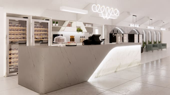 design a 3d model, interior decor for coffee shop, café, restaurant, hotel