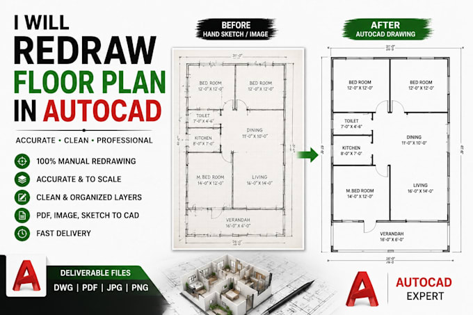 redraw floor plan in autocad from PDF, sketch, image or blueprint