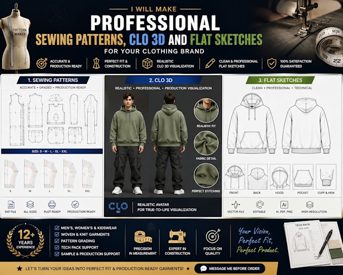 make professional sewing patterns, clo 3d and flat sketches