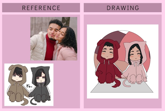 illustrate couple portrait in chibi anime style