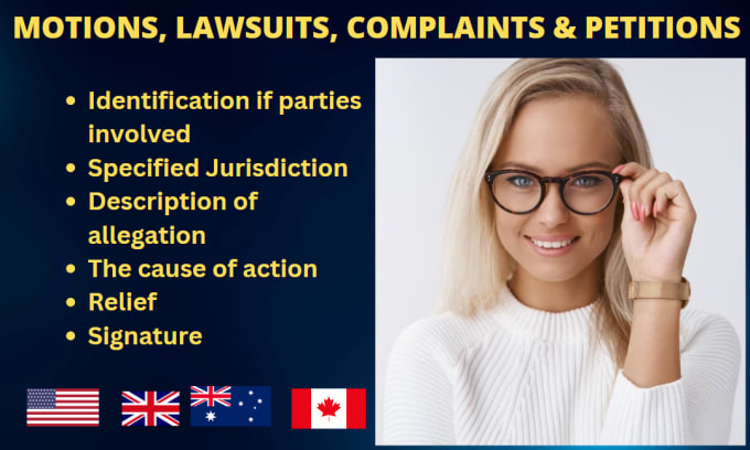 Draft motions lawsuits complaints petitions appeals and legal opinions