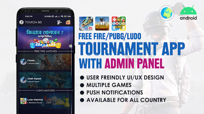 make free fire, ludo, pubg tournament app to host tournament