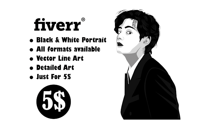 Draw black and white vector line art portrait illustration by ...