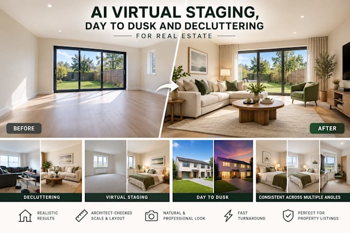 do ai virtual staging, day to dusk and decluttering for real estate