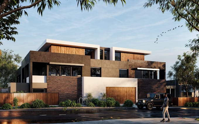 create house exterior design, with photorealistic 3d render