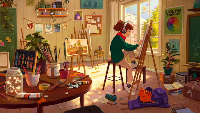 create an authentic lofi girl loop, cartoon loop animation or gif animation
