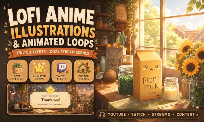 create lofi, anime style illustrations and animated loops, twitch alerts