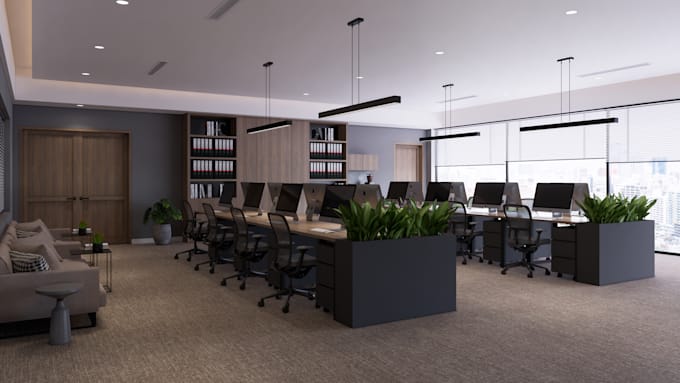 create 3d interior renders office, workspace, gym