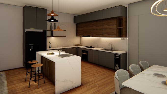 Do kitchen interior design realistic render by Nazeehashavaiz | Fiverr