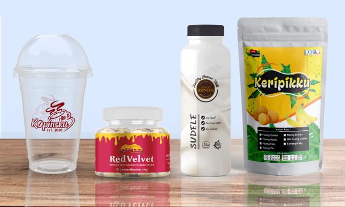 design label, pouch, box, and food packaging with 3d mockup