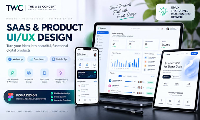design modern saas, dashboard, web app and mobile app UI UX in figma